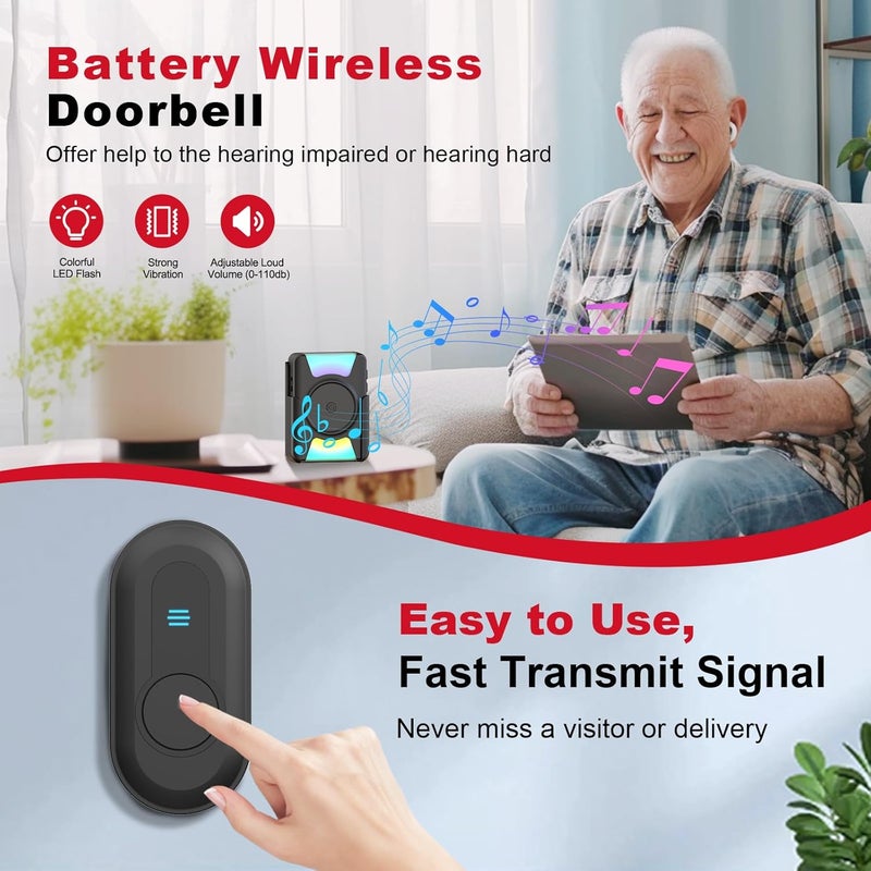 CallToU Hearing Impaired Doorbell 1000ft Wireless Doorbells for Home Waterproof Portable for Alert Patient Elderly Senior With Vibrating Flashing Light Smart Call Button System, 4 Modes - Image 4